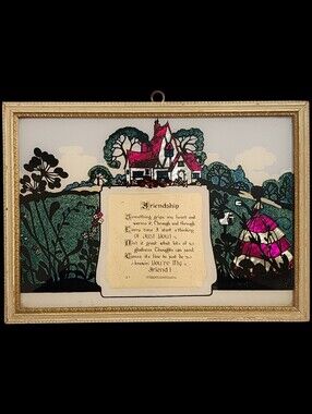 Vintage Silhouette Reversed Painting Frienship Poem Foil Art Framed 7" X 10"
